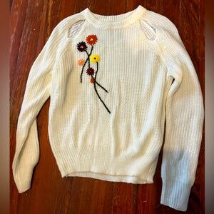 Sweet floral design winter white sweater with shoulder cut outs